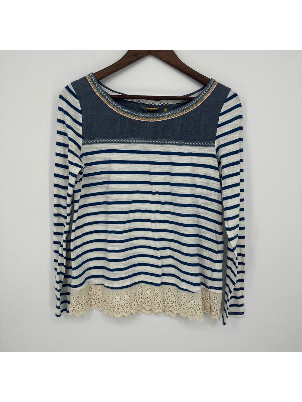 Little Bloom Boutique Blue White Striped Lace Hem Boho Top